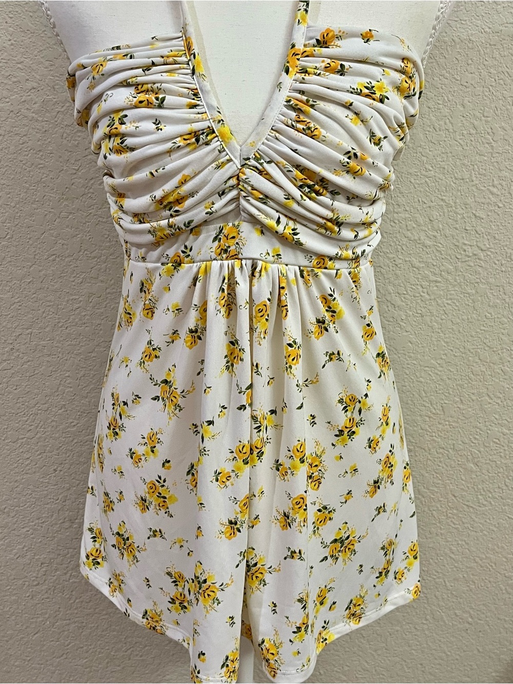 Velvet torch Yellow Floral Ruched V-Neck halter top